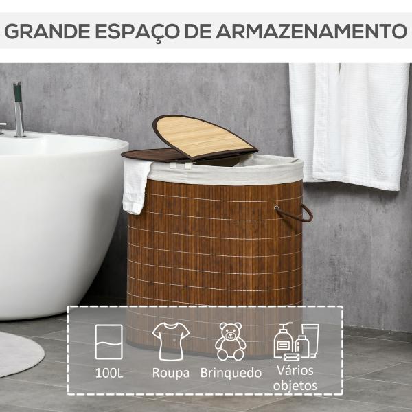 Cesto de Roupa de Bambu Capacidade de 100L Cesto para Roupa Suja com Bolsa de 2 Compartimentos 62,5x37x60,5cm Marrom