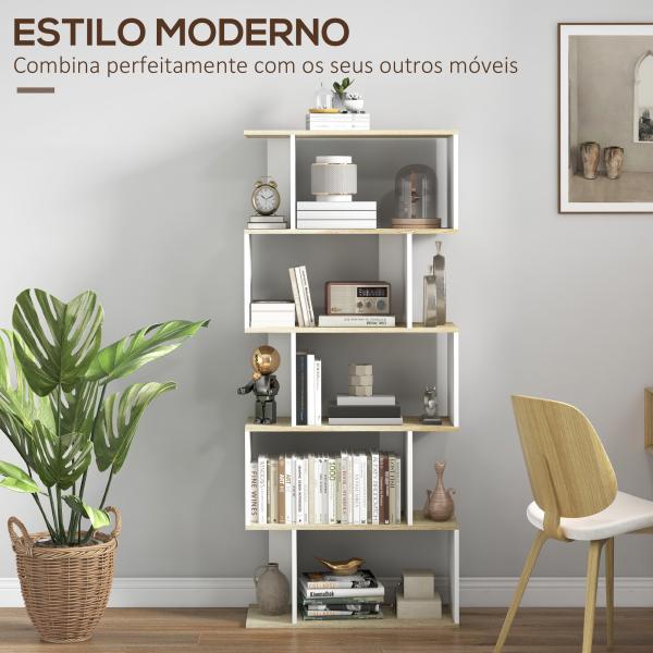 Estante para Livros Estilo Nórdico Estante com 5 Prateleiras Anti - Tombo Carga 25 kg 70x29,5x163 cm Branco e Madeira
