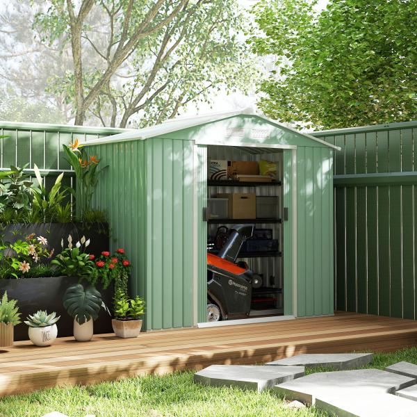 Abrigo de Jardim 213x130x185cm Abrigo de Jardim Metálico de Exterior com 2 Portas Deslizantes e 4 Janelas Verde Claro