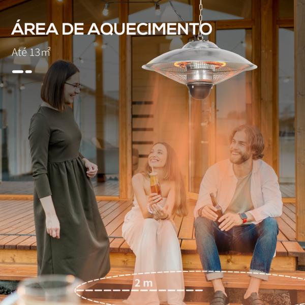 Aquecedor de Jardim Elétrico 1010W/1200W Infravermelho com Controlo Remoto 2 Níveis de Calor Proteção IP44 Ø58,5x33cm Prata