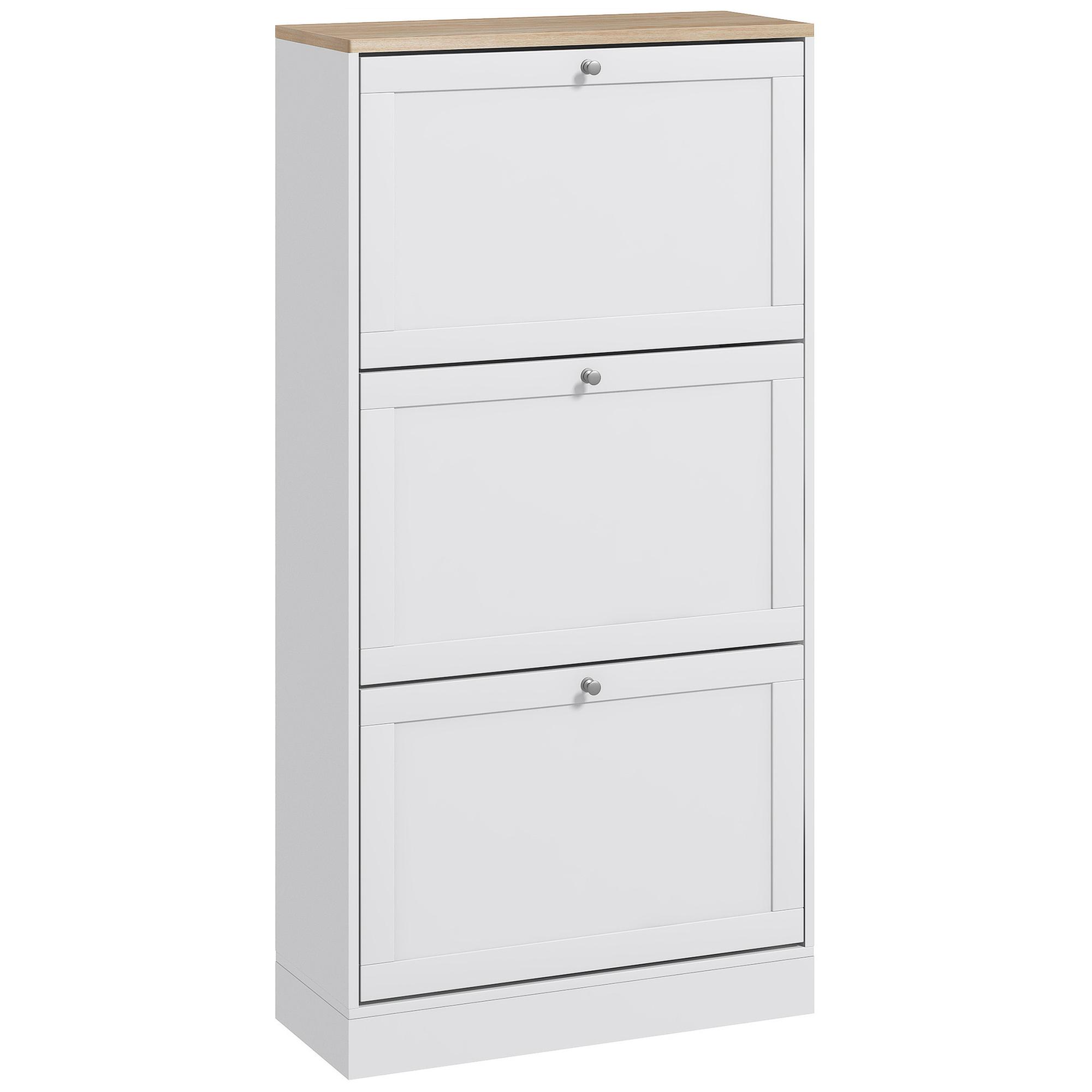 Móvel Sapateira de Entrada com 3 Gavetas Basculantes e Prateleiras Ajustáveis para 18 Pares de Sapatos 60x23,5x115 cm Branco