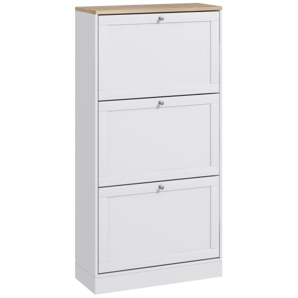Móvel Sapateira de Entrada com 3 Gavetas Basculantes e Prateleiras Ajustáveis para 18 Pares de Sapatos 60x23,5x115 cm Branco