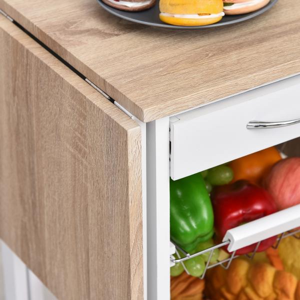 Carrinho de Cozinha Dobrável Carrinho Auxiliar com Rodas 1 Gaveta e 3 Cestos de Metal 97,2x37x77,5 cm Branco e Madeira