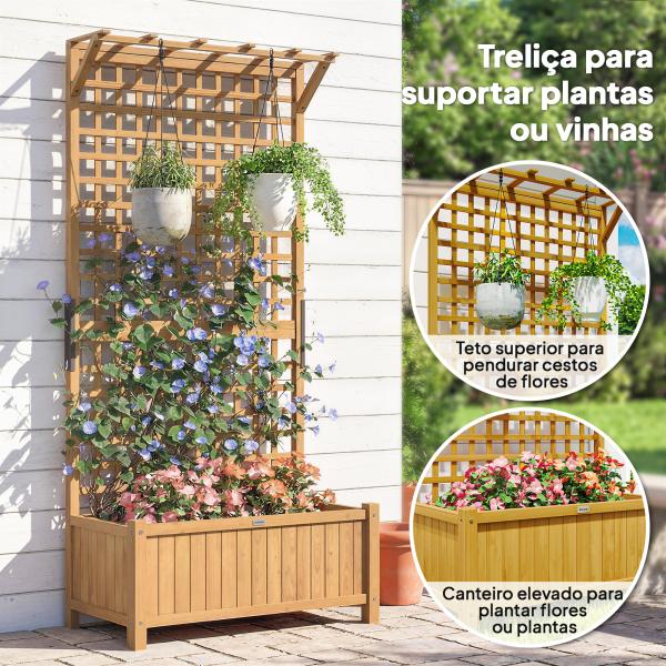 Floreira com Treliça de Madeira Caixa de Plantio com Suporte para Plantas Trepadeiras 90x45x183cm Madeira