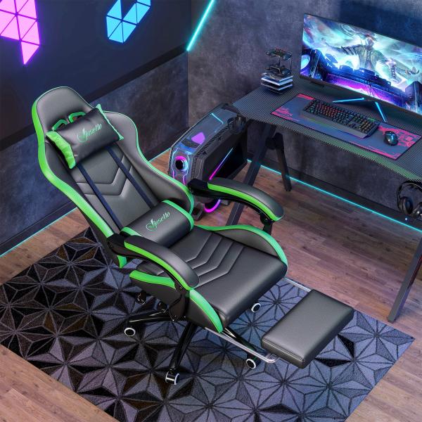 Cadeira Gaming Reclinável até 135° com Suporte Lombar Altura Ajustável Almofada de Cabeça e Apoio para os Pés Retrátil 65x65x121 - 129 cm Preto e Verde