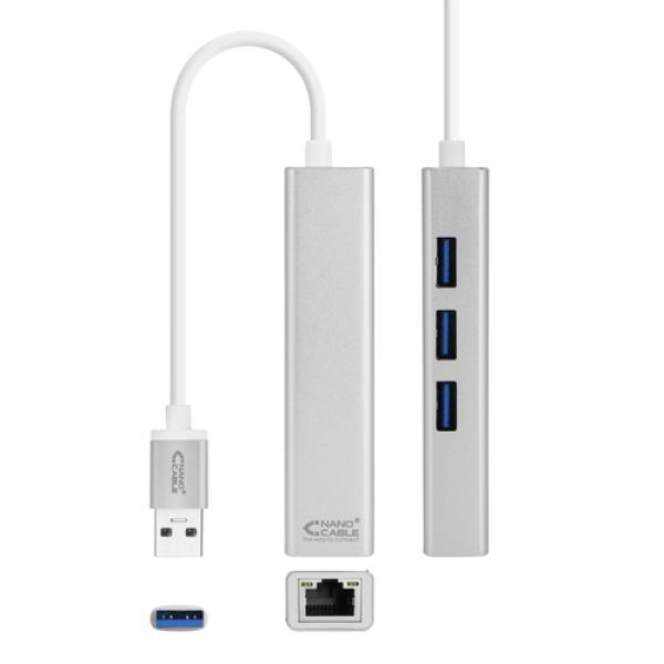 Conversor USB A 3.0 Macho - 3x USB A / 1x Ethernet (Prateado) - Nanocable