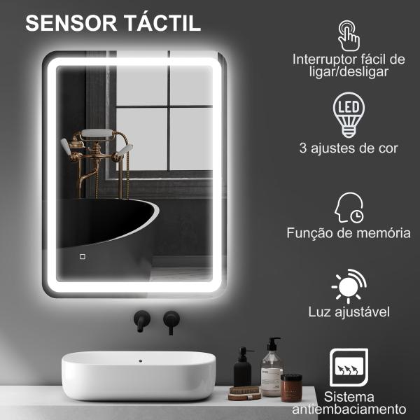 Espelho Casa de Banho com Luzes LED 60x80 cm Função Antiembaciamento 3 Temperaturas de Cor Ajustável e Função de Memória