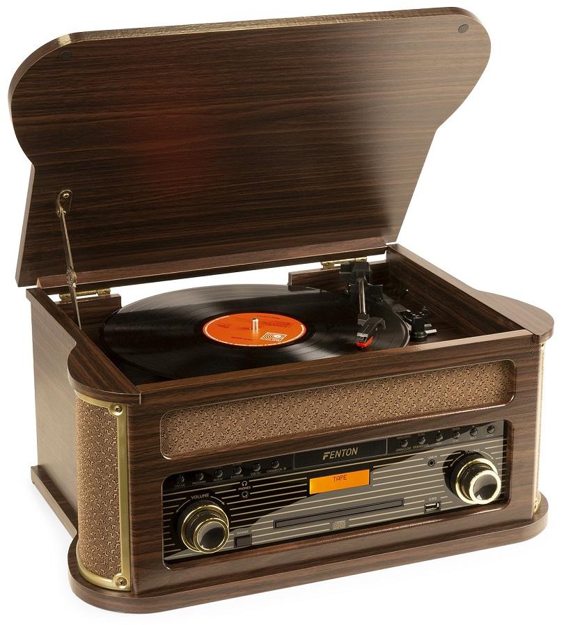 Gira Discos 33/45/78RPM Vintage c/ BT/CD/DAB+/FM/USB Memphis (Madeira Escura) - FENTON