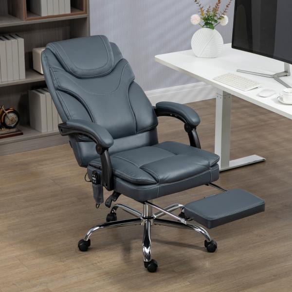 Cadeira de Escritório com 6 Pontos de Massagem por Vibração Aquecimento Estofada em Couro PU 67x67x113 - 121 cm Cinza
