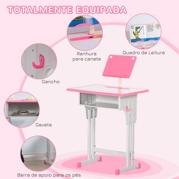 Conjunto de Secretária e Cadeira para Crianças com Altura Ajustável 1 Gaveta e 1 Prateleira para Livros 60x45x90 - 120 cm Rosa