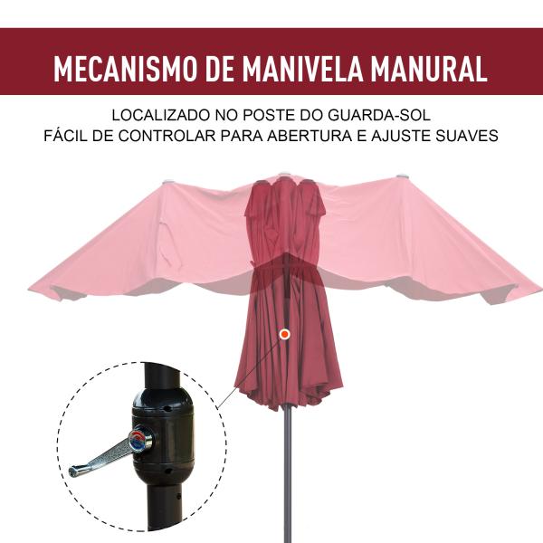 Chapéu de Sol Duplo 4,55x2,68x2,38 m Chapéu de Sol de Jardim com Manivela Manual Resistente à Água e com Proteção Solar UV para Terraço Pátio Vinho