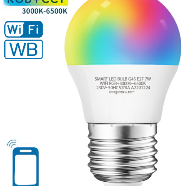 Lampada Smart LED Inteligente E27 G45 Wi - Fi 220V 7W RGB + Branco 3000K ~ 6500K