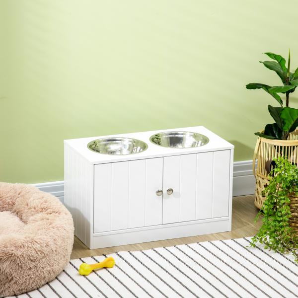 Comedouro Elevado para Cães Grandes com 2 Tigelas de 2000ml de Aço Inoxidável 2 Portas e Armazenamento 60x30x35,5cm Branco