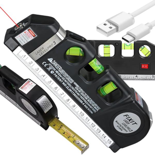 Fita Métrica Multifunções USB c/ Nível + Laser (2,50 mts)