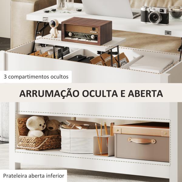 Mesa de Centro Elevatória e Extensível com Compartimentos Ocultos e Prateleira Aberta 100x90x64 cm Branco