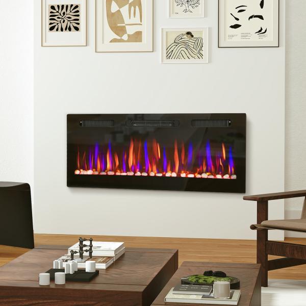 Lareira Elétrica Ultrafina de Parede e Embutir com Chama 3D Brilho/Velocidade Ajustável 12 Cores Pedras 900/1800W 106,7x9,4x47 cm Preto