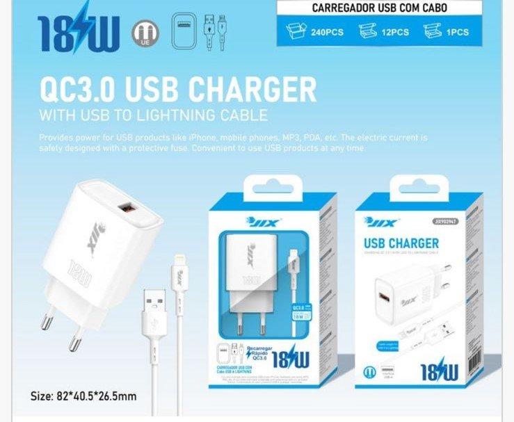 Carregador QC3.0 USB 18W + Cabo USB para Lightning