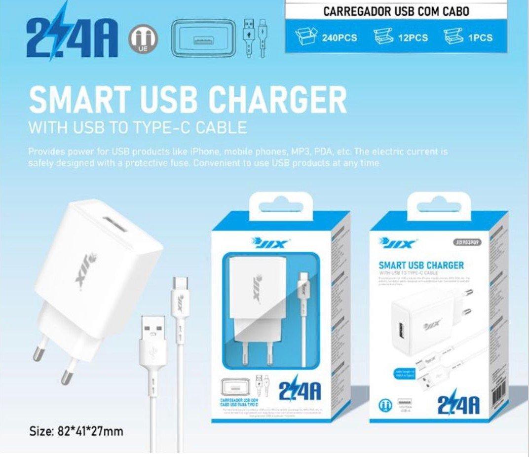 Carregador USB c/ Cabo Type-C 2.4A/1M