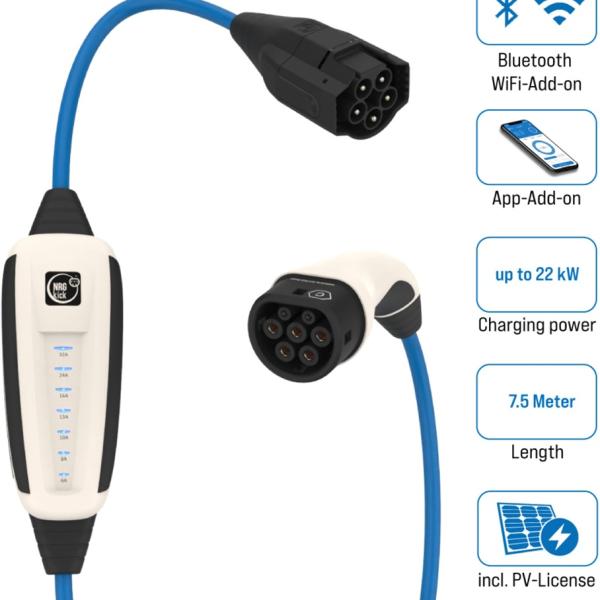 Cabo de Carregamento WLAN + Bluetooth p/ Veículos Elétricos Tipo 2 / 22kW / 32A / 7.5m - NRGKICK