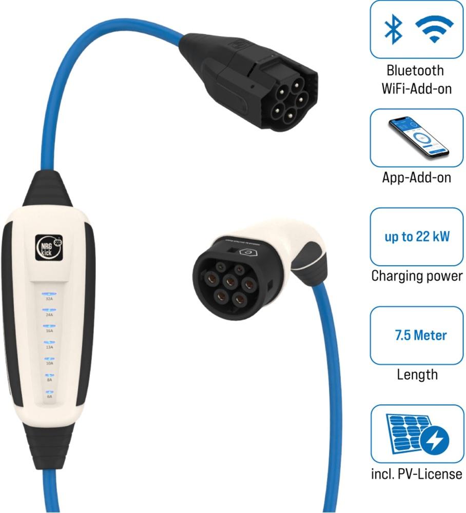 Cabo de Carregamento WLAN + Bluetooth p/ Veículos Elétricos Tipo 2 / 22kW / 32A / 7.5m - NRGKICK