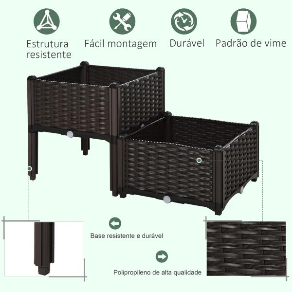 Conjunto de 2 Floreiras Quadradas Floreiras para Flores e Vegetais com Orifícios de Drenagem e Pés Altos 40x40x26 - 44cm Marrom