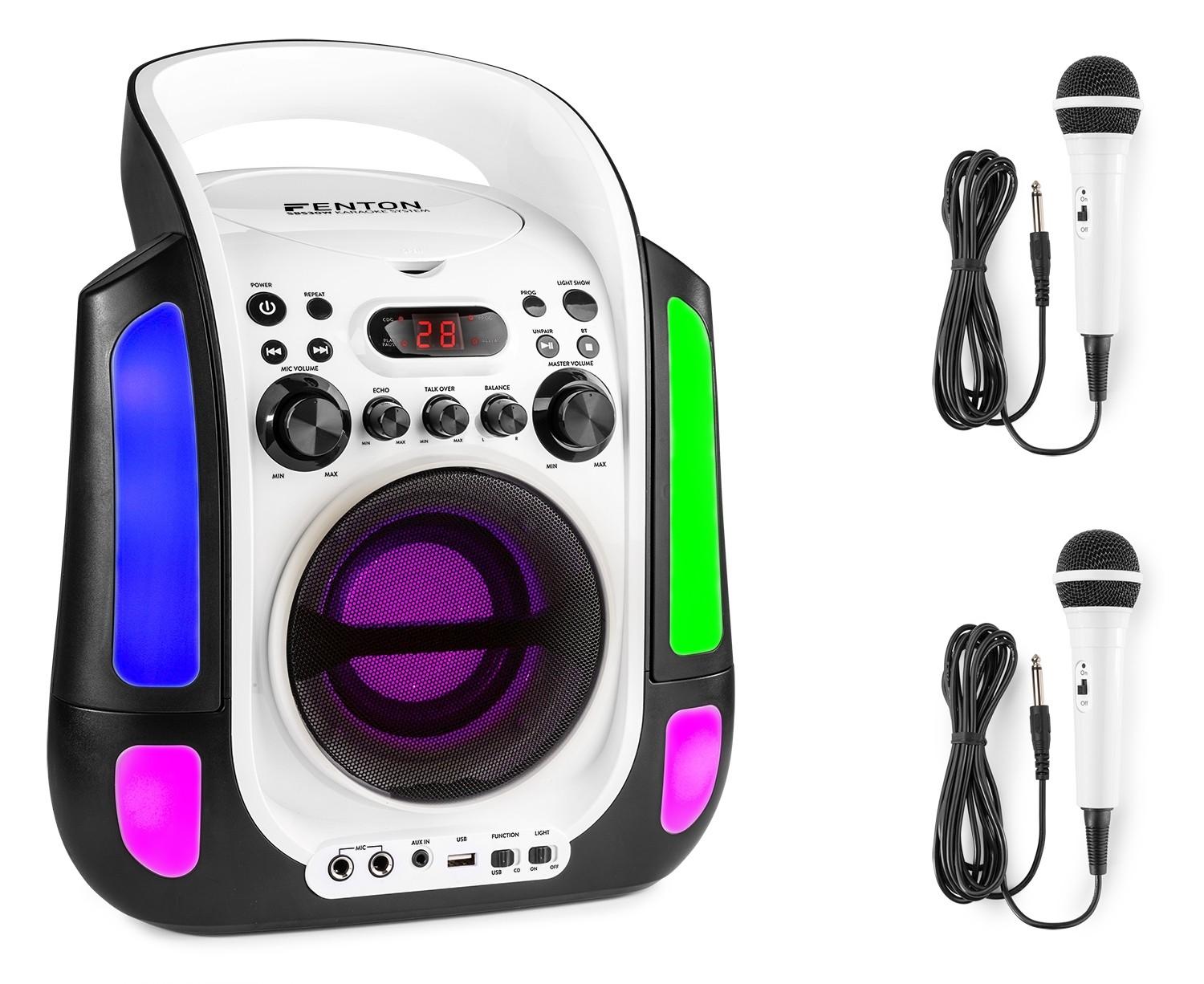 Coluna Karaoke Bluetooth/USB/MP3/CD c/ Iluminação LEDs e Microfones (SBS30W) Branco - FENTON