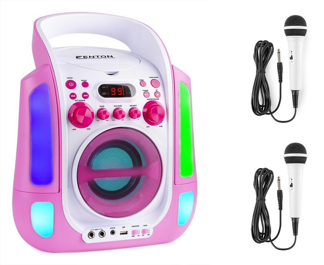 Coluna Karaoke Bluetooth + USB + Leitor CD + 2 Microfones c/ Efeitos de LED´s (Rosa) - FENTON SBS30P