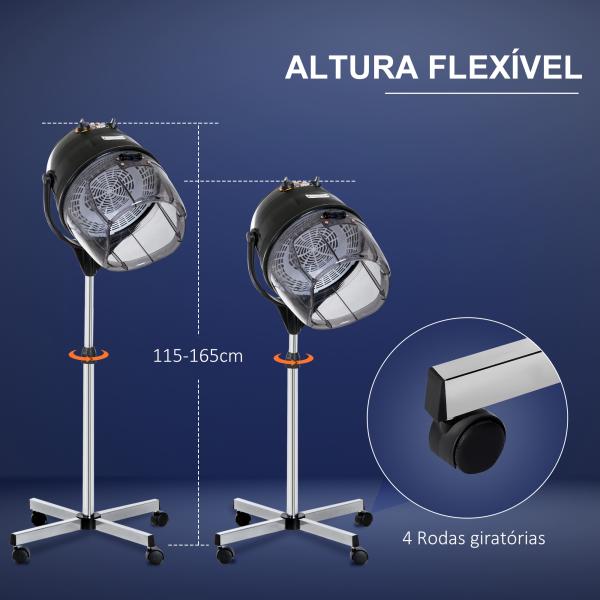 Secador de Cabelo Profissional 1180W com Capuz e Rodas com Temporizador de Temperatura Ajustável em Altura Preto
