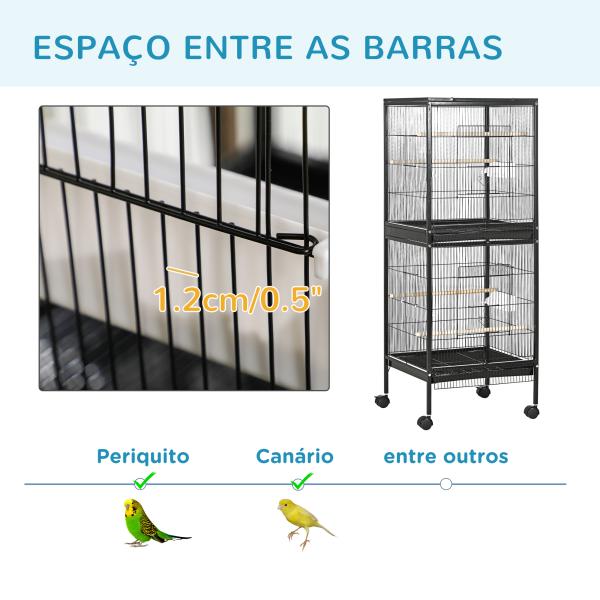 Gaiola para Pássaros com Rodas de 2 Níveis com Bandejas Removíveis Portas Comedouros Poleiros 51,5x50x140 cm Preto