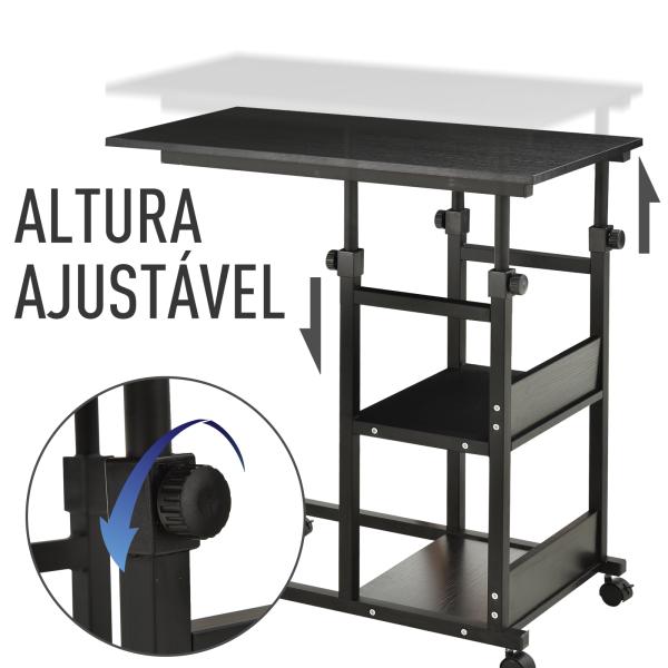 Mesa Lateral para Sofá Mesa lateral em Forma de C com 4 rodas Giratórias Freios Altura Ajustável 3 níveis Estrutura Metálica 80x40x72 - 82cm Preto
