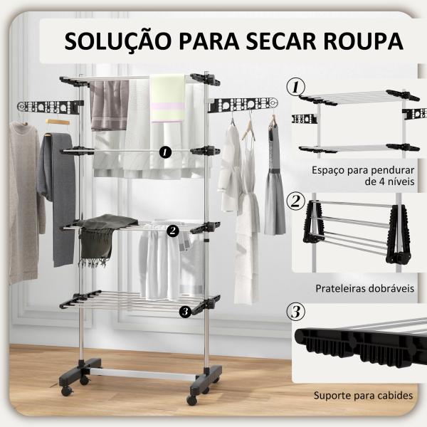 Estendal Vertical Dobrável de 4 Níveis com 6 Rodas 2 Laterais Dobráveis Prateleiras Ajustáveis 142x55x172cm Preto