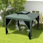 Pérgola de Jardim com 4 Mosquiteiras Teto Duplo 8 Orifícios de Drenagem e Estrutura de Metal 297x297x268 cm Verde