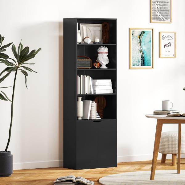 Estante para Livros de 6 Níveis Portas e 4 Prateleiras Abertas para Sala Escritório 59x29x180 cm Preto