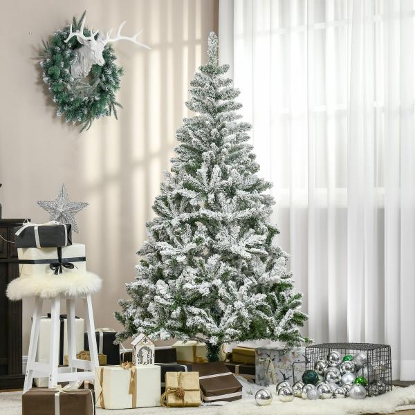 Árvore de Natal Artificial 180cm com Neve Ignífugo com 750 Ramos Folhas de PVC Base Dobrável Verde