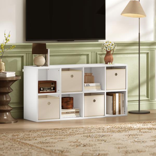 Estante Cubo Estante de Armazenamento Horizontal ou Vertical com 8 Compartimentos e 4 Gavetas de Tecido 53,7x30x79,8 cm Branco e Bege