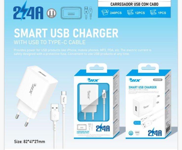Carregador USB 2.4A + Cabo USB para Type-C