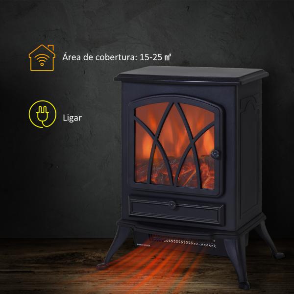 Lareira Elétrica Portátil Lareira Elétrica com Efeito de Chama Realista Potência 1000W/2000W 45x28,5x54cm Preto