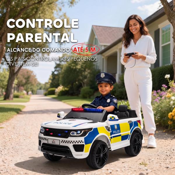 Carro Elétrico Crianças 12V Policial com Bluetooth USB Luz Sirene 110x68x52 cm Brincar Infantil Branco