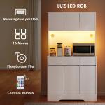 Armário de Cozinha com Luz LED RGB, Bancada para Micro - ondas, 6 Portas, 2 Gavetas, Prateleiras Ajustáveis e Comando à Distância, Branco