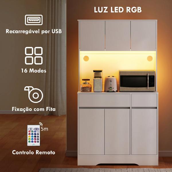 Armário de Cozinha com Luz LED RGB, Bancada para Micro - ondas, 6 Portas, 2 Gavetas, Prateleiras Ajustáveis e Comando à Distância, Branco