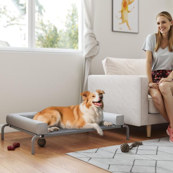 Cama Elevada para Cães com Latertais Amovíveis Cama Elevada para Cães Médios Portátil com Malha Respirável 130x90x30 cm Cinza Claro