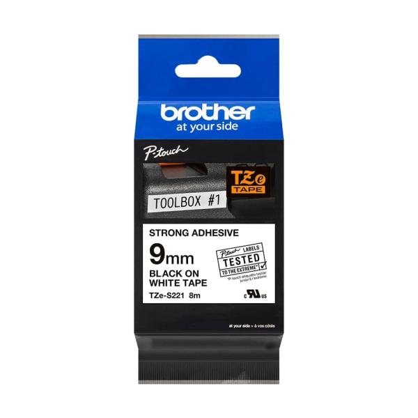 Fita Original Brother TZeS221 Laminada Super Adesiva Texto Preto em Fundo Branco 9mm x 8 metros — Recondicionada
