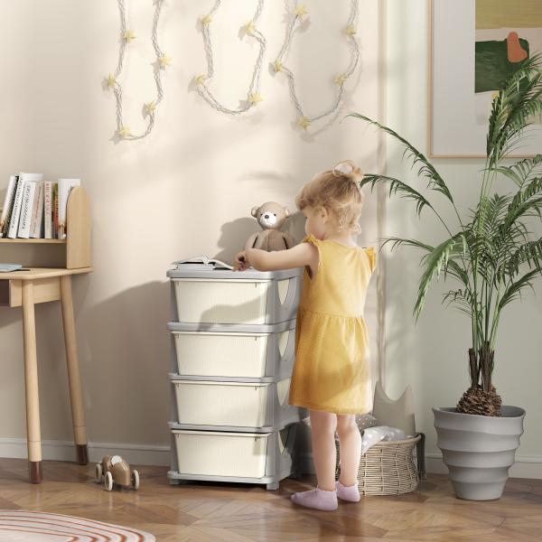 Organizador de Brinquedos com 4 Gavetas Torre de Arrumação para Crianças +3 Anos Cantos Arredondados e Pegas 37x37x76 cm Creme