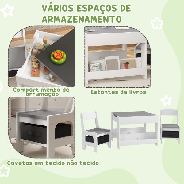 Conjunto de Mesa e 2 Cadeiras Infantis 2 em 1 com Ardósia Gavetas de Tecido e Espaço de Armazenamento para Quarto Cinza