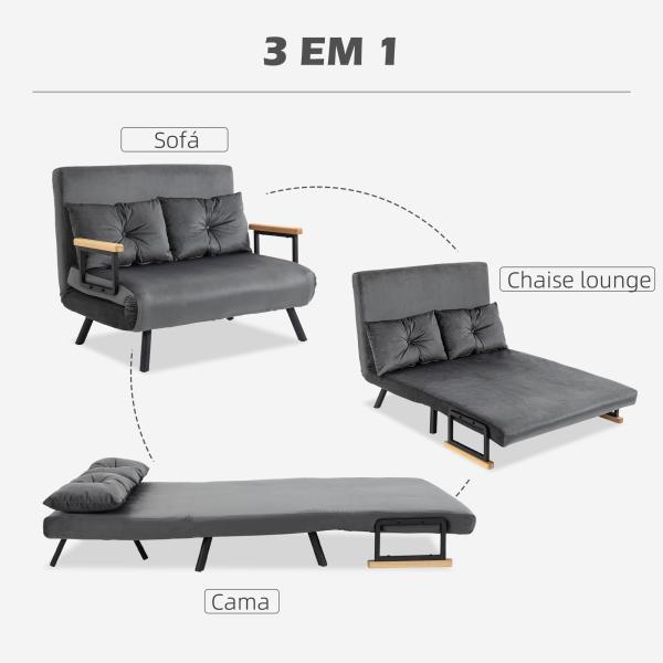 Sofá Cama Sofá Convertível em Cama de 2 Lugares Dobrável com Encosto Ajustável em 5 Níveis e 2 Almofadas 102x73x81 cm Cinza