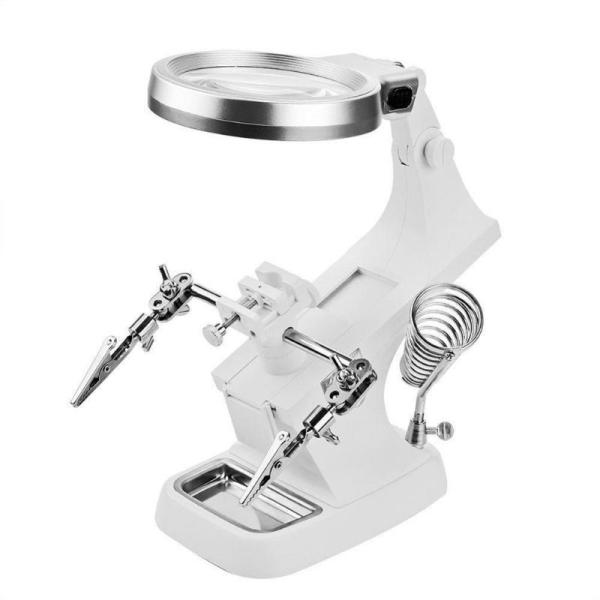 Suporte p/ Ferro de Soldar c/ Guarras, Lupa 4x e Iluminação LED