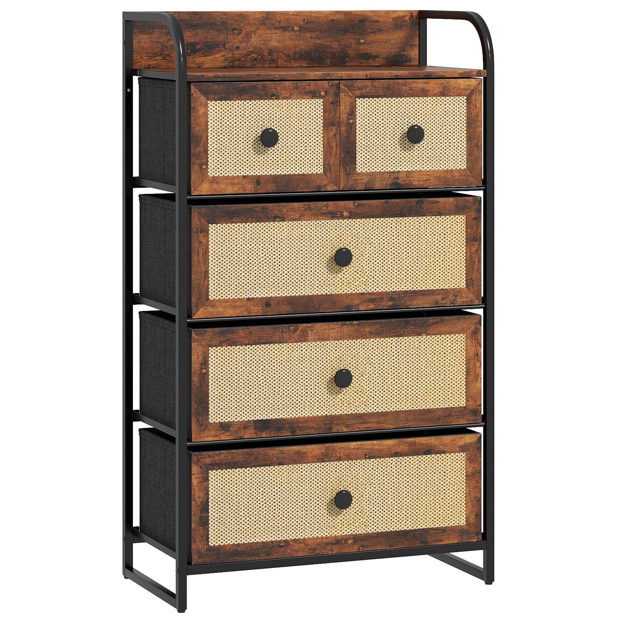 Cómoda de Tecido Cómoda para Dormitório com 5 Gavetas com Frente em Vime e Prateleira 58x29x99 cm Marrom Rústico