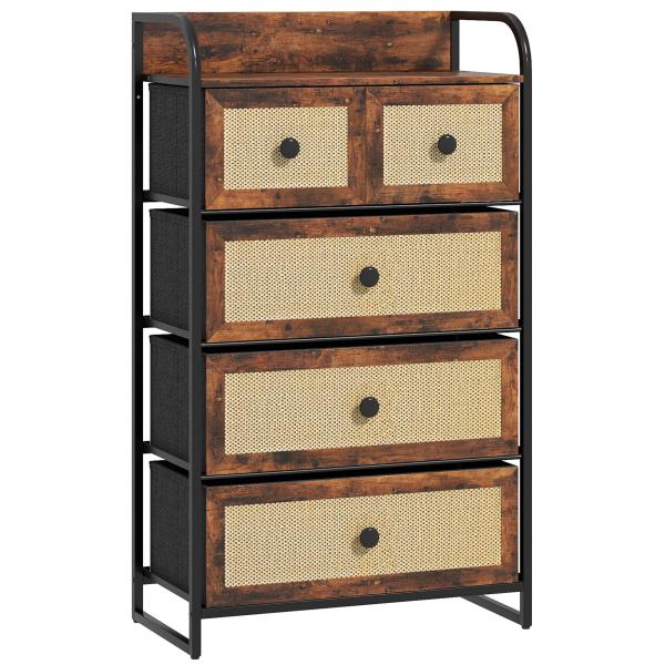 Cómoda de Tecido Cómoda para Dormitório com 5 Gavetas com Frente em Vime e Prateleira 58x29x99 cm Marrom Rústico