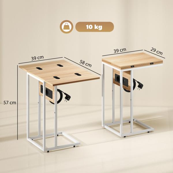 Mesa Auxiliar com Estação de Carga com Tampo Dobrável e Pés Ajustáveis 39x29x57 cm Branco e Madeira