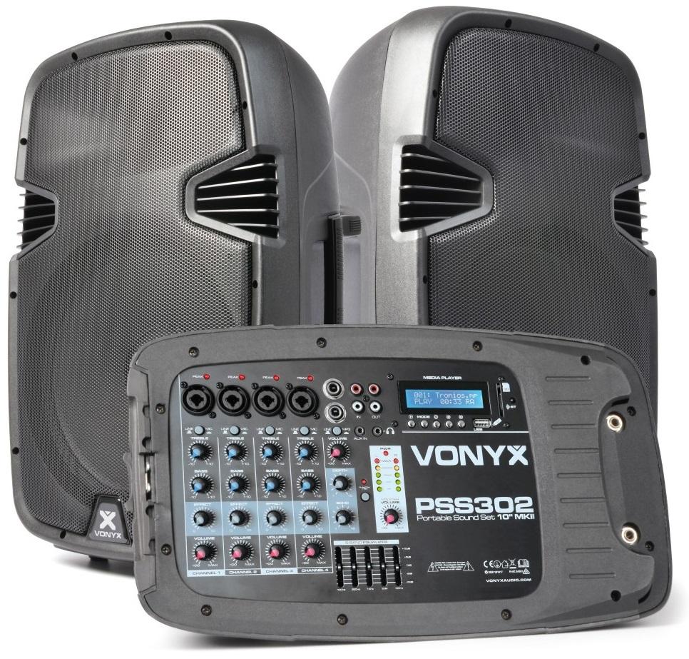 Sistema de Som Portátil 10 300W (Mesa Mistura + 2 Colunas + Tripés + Microfone) PSS302 - VONYX